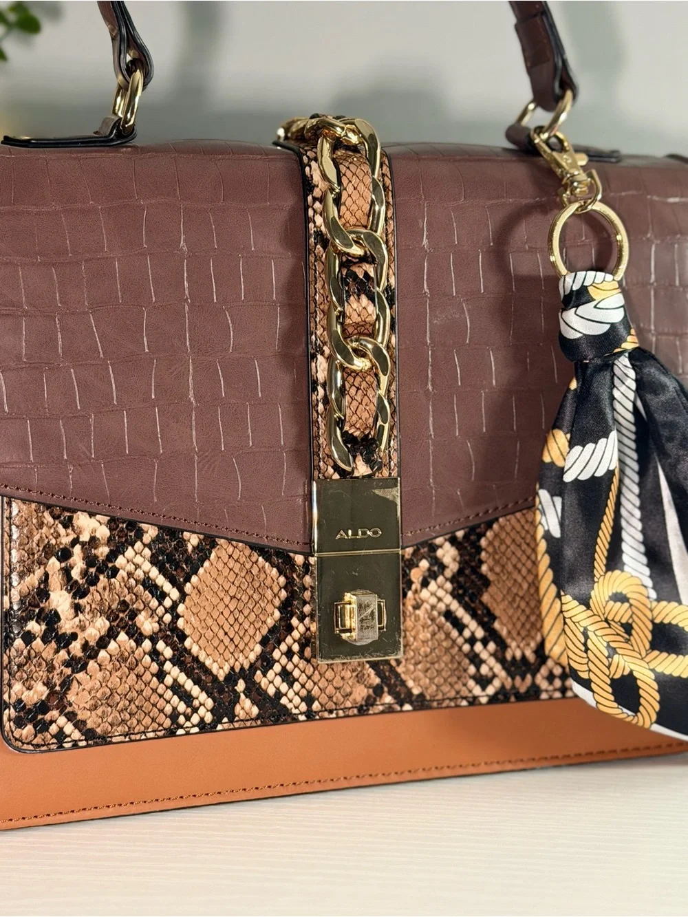 Aldo Brown Croc & Snake-Print Top-Handle Satchel with Scarf Accent
